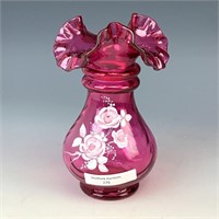 Fenton Cranberry Decorated & Signed Vase