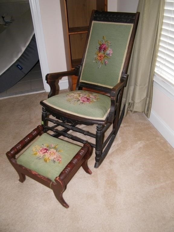 ANTIQUE ROCKER WITH NEEDLEPOINT SEAT & BACK