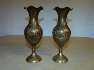 8" Brass Etched Scalloped Vases