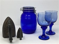 Cobalt Glassware and Cookie Jar, Metal Irons