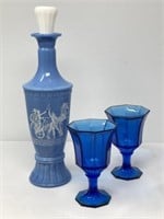 Powder Blue Decanter and Blue Footed Glassware