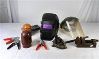 Welding mask, face shield, clamps, bench mount