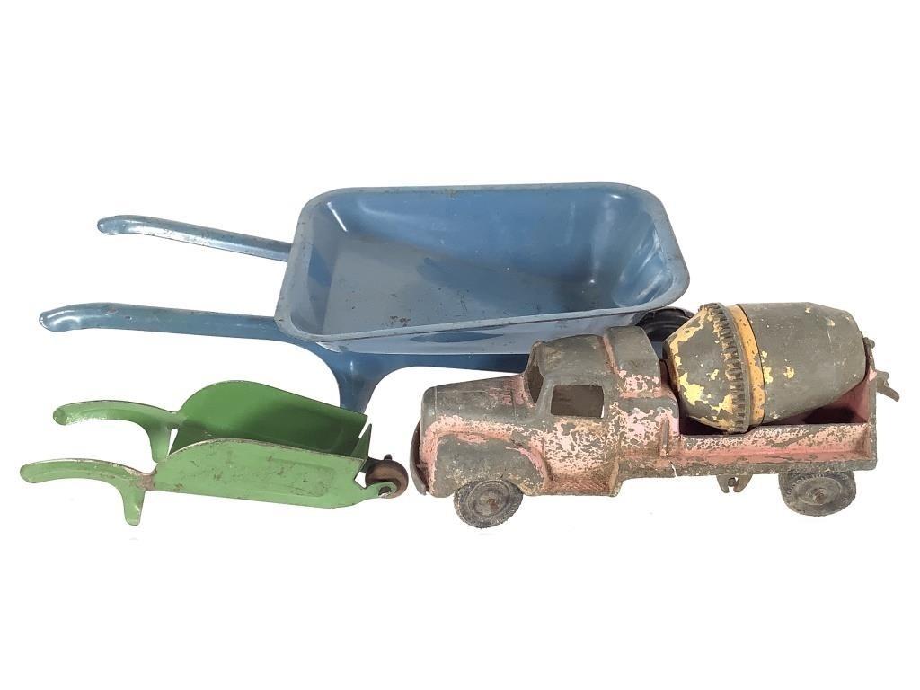 2 Metal Wheelbarrows & Tootsie Toy Cement Mixer