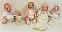 5 ANTIQUE PORCELAIN FACE DOLLS INCL AN MARSEILLE