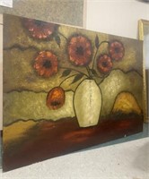 Oversized Oil on Board Painting of Poppies in Vase