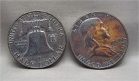 (2) Toned Franklin silver half dollars: 1952-D,