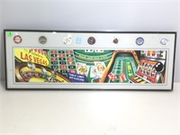 Assorted casino chips on frame w/print, approx