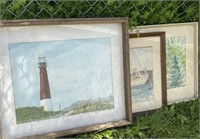 3 framed watercolors - lighthouse, boats,