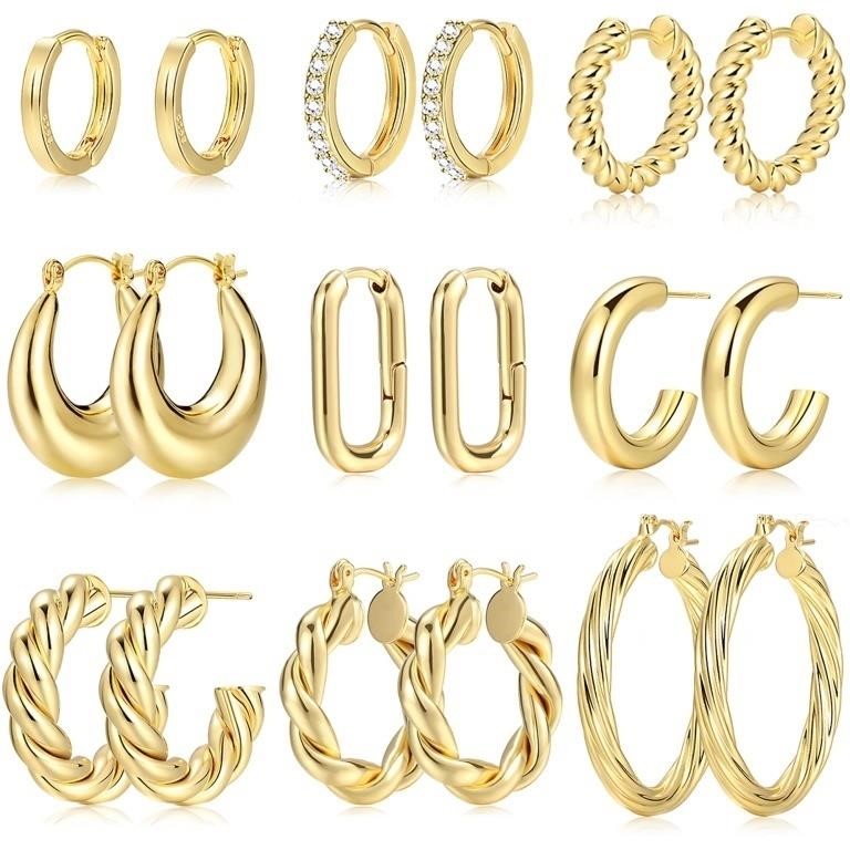 9 Pairs Gold Hoop Earrings for Women, 14K Gold Pla