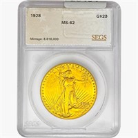 1928 $20 Gold Double Eagle SEGS MS62