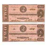 (2) CONSECUTIVE 1864 $2 CSA CONFEDERATE NOTES UNC