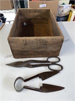Old wood crate Rose brand, tin snips and shears