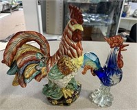 Hand Painted Ceramic Rooster and Hand Blown Rooste