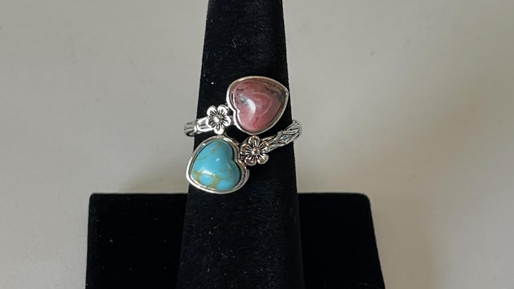 Turquoise and Red Stone Double Heart Ring