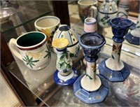 Group of Gail Pittman Ceramic Mugs, and Candle Hol