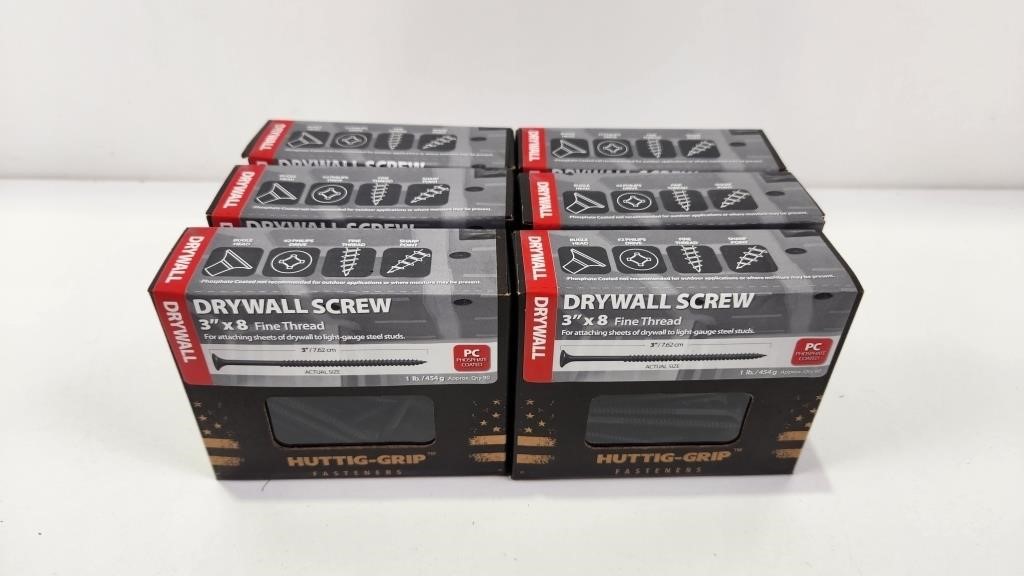 (6) Boxes of Huttig-Grip Drywall Screws 3"x8 Fine