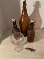 Hamms beer cup & bottle opener, brown bottles