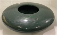 Wide low round ceramic vase glazed forest green -