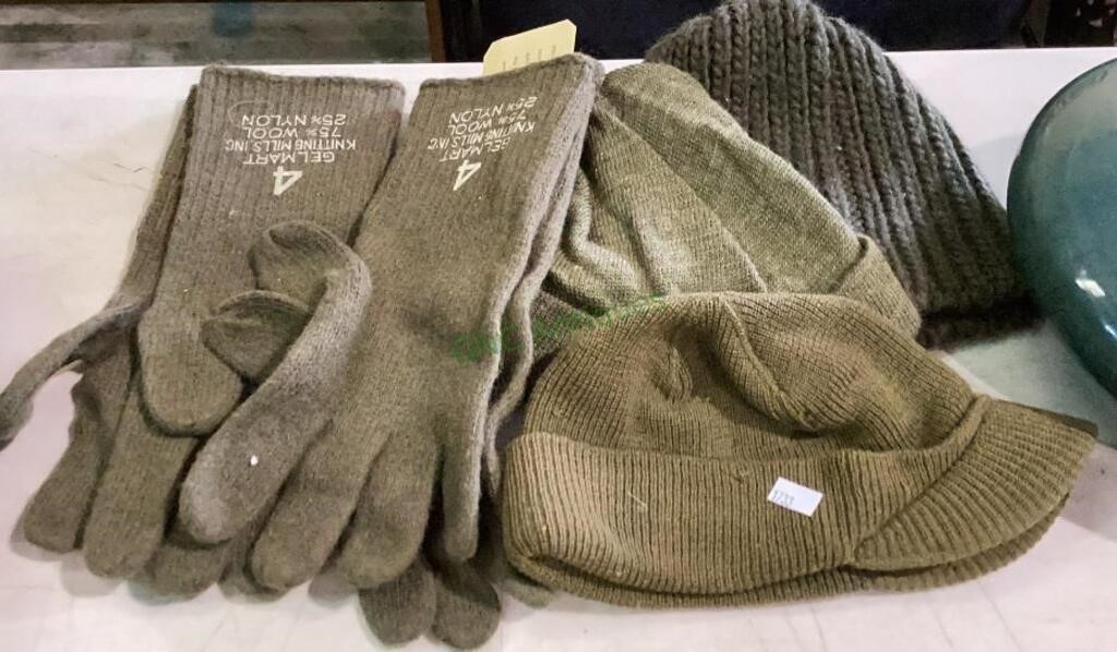 WWII winter accessories - three hats nd two