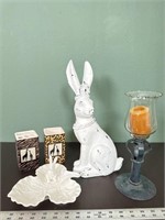 Bunny rabbit decor, candlestick, toothbrush