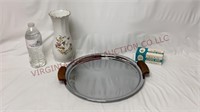 Teak & Stainless Tray, Lucite Candle Vases & Vase