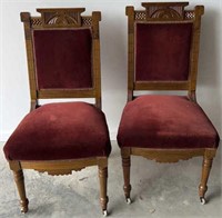 2 Antique Victorian Chairs W/ Red Upholstery 19”