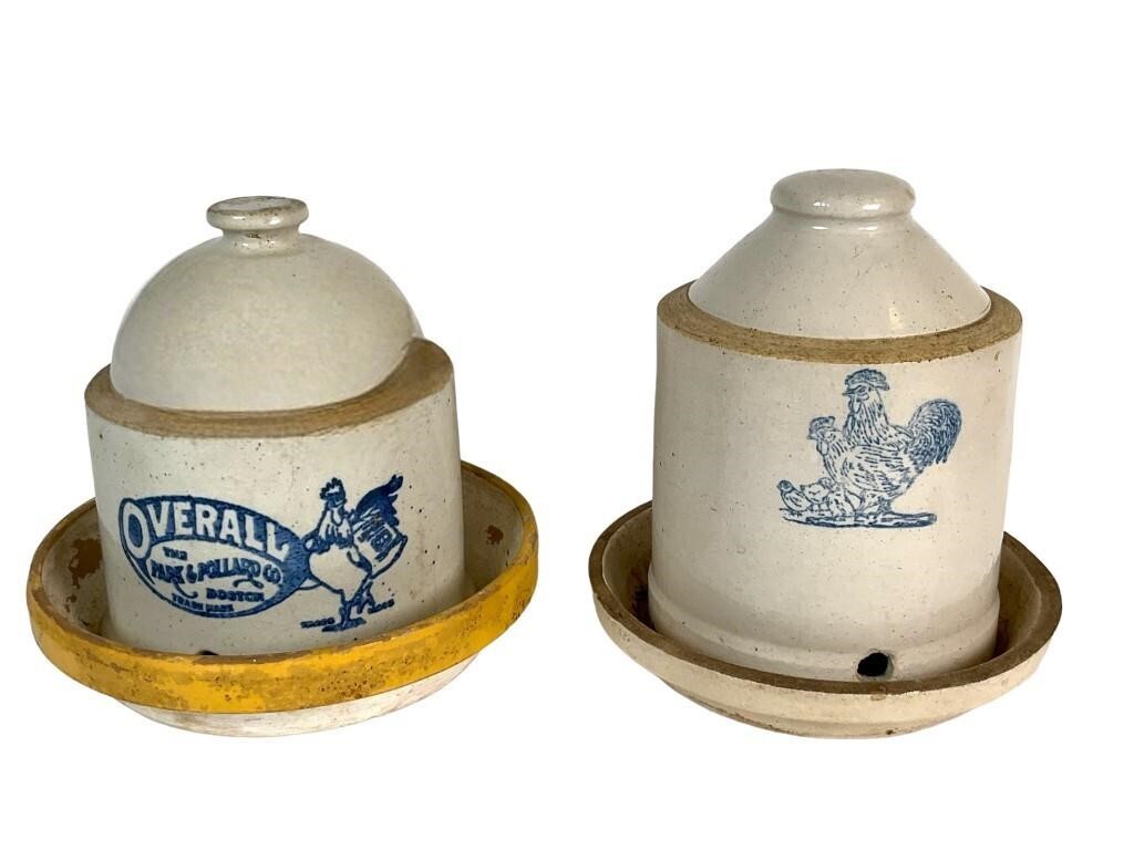2 Vintage Stoneware Chicken Water / Feeder