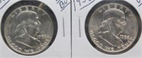 (2) 1958-D UNC/BU Franklin Silver Half Dollars.