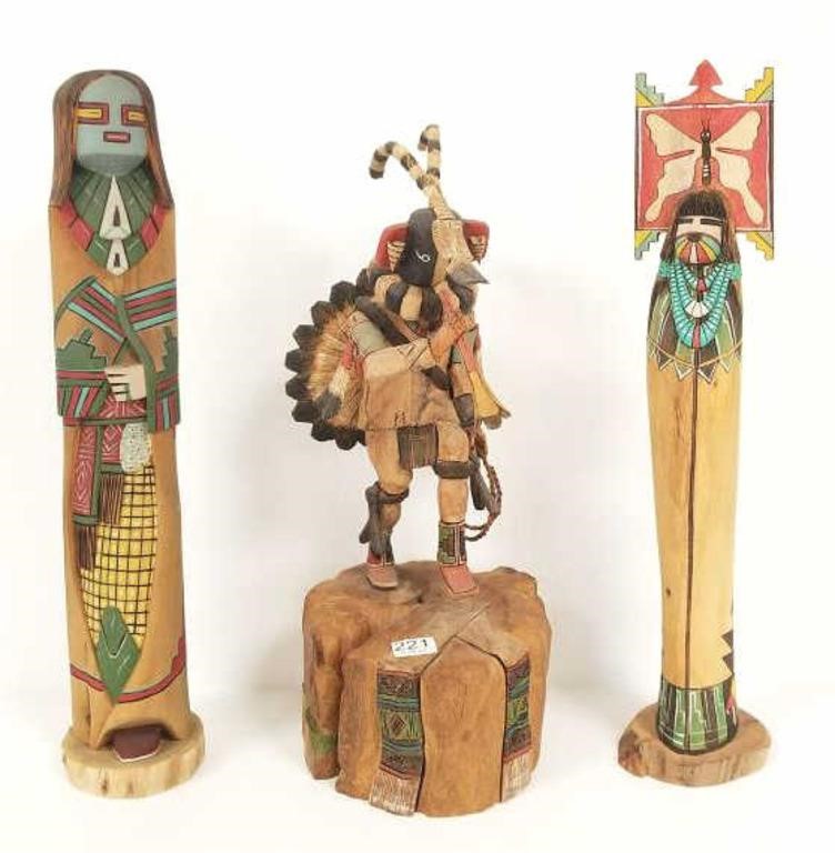 3 signed carved & decorated wood kachinas