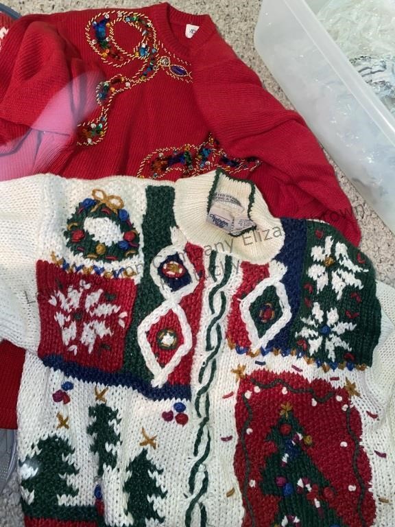 Tote of size medium Christmas sweaters