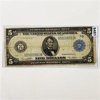 1913 Blue Seal $5 Bill NICELY CIRCULATED