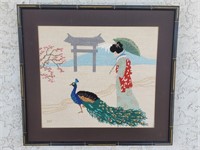 Japanese lady w/ Peacock Needlepoint Picture