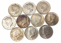 (10) 1964 J. F. K. 90% Silver Half Dollars