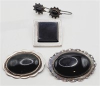 (E) Sterling Silver Onyx Brooches, Pendant and