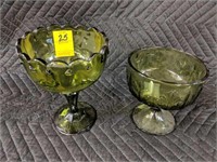 2 Vintage Green Glass Candy Dishes