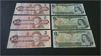 Lot Of Canada 1973 $1 & 1986 $2 Banknotes