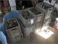 11 wood pop bottle cases, assorted pop bottles
