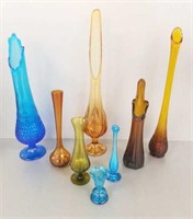 8 pieces of mid-century swung glass vases
