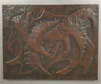 Signed mid-century modern copper relief plaque -