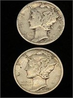 Pair of Vintage 10C Mercury Silver Dime Coins -