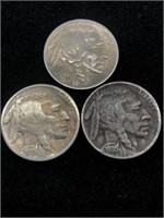 Three Vintage 5C Buffalo Nickel Coins- 1935,
