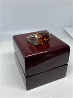 STERLING SILVER AMBER RING IN WOOD BOX