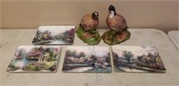 Thomas Kinkade plates, 2 quail statues