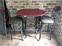 PAINTED DISTRESSED BISTRO COCKTAIL TABLE AND TWO C