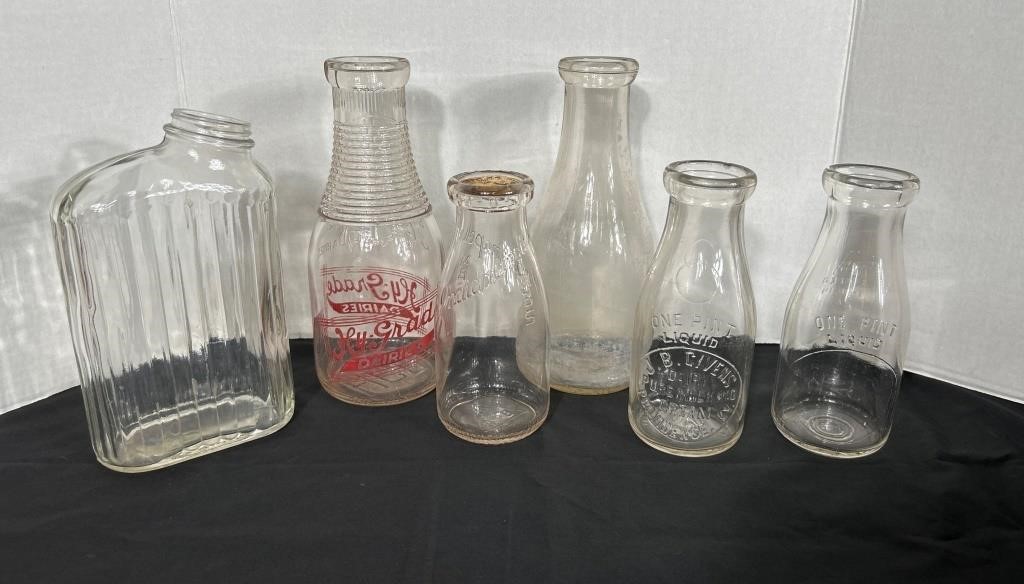 (6) Vintage Glass Bottles. (2) Quart Milk