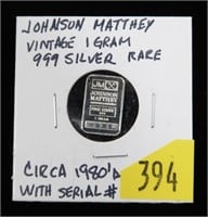 Johnson Matthey 1 gram .999 silver bar with serial