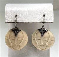 Sterling Large Carved Ox Bone Moon Face Earrings