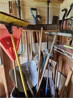 Long handled yard tools: brooms, rakes, shovels,
