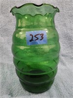 Vintage Green Glass Ribbed / Hive Shaped Vase
