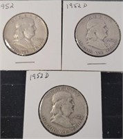 3 FRANKLIN HALF DOLLARS 1952, 2 X 1952 D